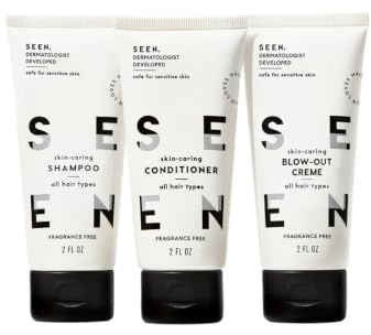 SEEN Travel Trio, Fragrance Free - Non-Comedogenic & Sulfate-Free Blow-Out Hair Cream, Shampoo & Conditioner Set- Reduces Frizz- Heat Protectant- Safe for Sensitive & Eczema Prone Skin