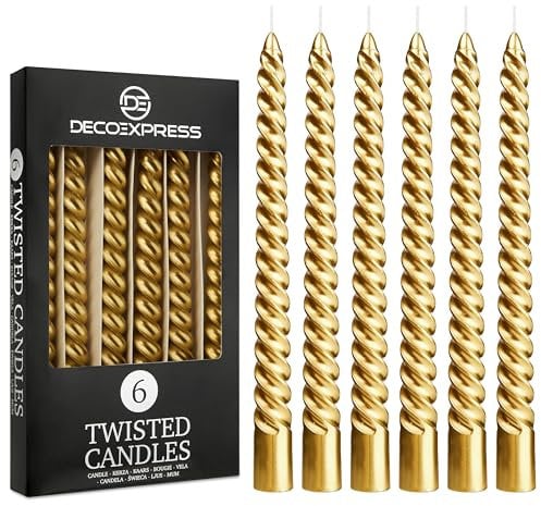 DECO EXPRESS Stabkerzen Set 3er oder 6er, Gedrehte Spiralkerzen, Bunte Kerzen, Brenndauer 6 Stunden Unparfümiert (Gold, 6er-Pack)