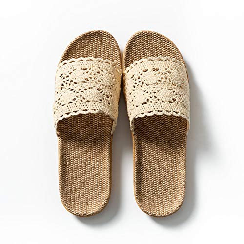 SJTJSPX Pantoufles Femmes Fille en Lin Dentelle - Sandales de Plage Légères Antidérapantes Mules Respirantes d'été pour Invités Bain Piscine Spa