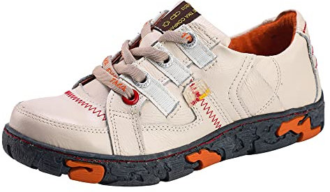 TMA EYES Zapatillas Casual de Cuero para Mujer, Planas con Cordones(Blanco,40)