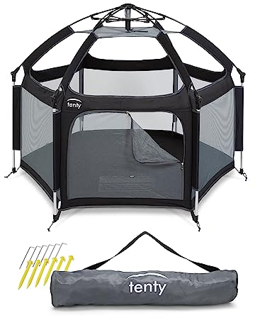 tenty Baby Pop-Up Laufgitter für drinnen und draußen - 150 x 100 cm - mobiler Laufstall mit Tragetasche und Heringen - für zuhause, Reisen, Camping (Schwarz)