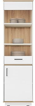 Mirjan24 Vitrine Sintir SN02 mit 2 Türen und 5 Fächer, B:55 x H:194 x T:40 cm, Standvitrine, Glasvitrine, Vitrinenschrank, Hochvitrine, Wohnzimmer, Schrank (Weiß Lux + Biskuit-Eiche)