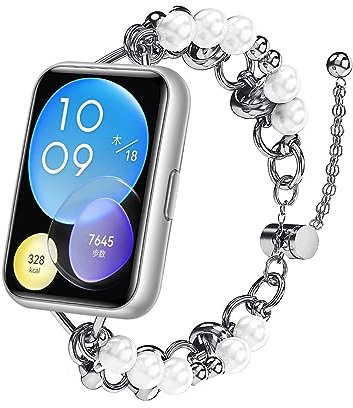 ZUREGO Perlenarmband Armband für Huawei Watch Fit 2 Armband, Metall Edelstahl Band mit Perlen Strass Uhrenarmband Ersatz Kompatibel mit Huawei Watch Fit 2 (C)