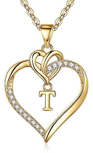 TINGN Halskette Damen Herz Anhänger, Gold Herz Kette mit Buchstaben Herz Buchstaben T Kette Gold Schmuck Damen Geschenk für Frauen MaMa Freundin Muttertag Geburtstags Geschenke für Sie Frau Mama