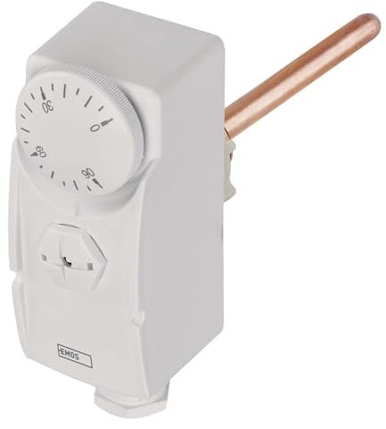 EMOS - Termostato mecánico con Manguito de inmersión - Manual, con Cable - Sistemas de calefacción y refrigeración - Control de Temperatura 0-90 °C - medición invasiva - 230 V, 16 A/4 A - Blanco