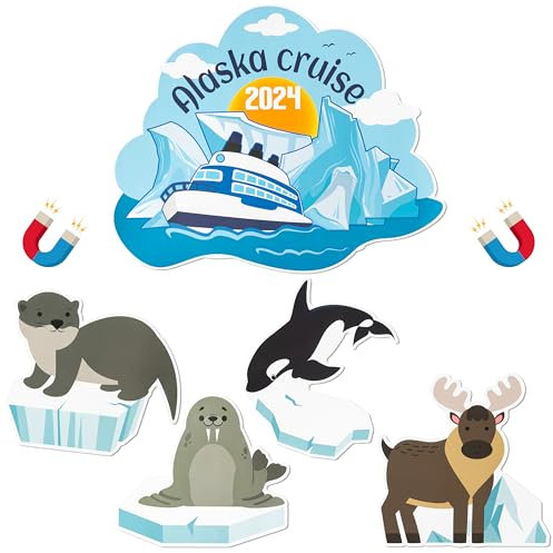 JAPBOR 5PCS Cruise Door Magnet, Alaska Cruise Refrigerator Car Ship Magnetic Decal, Alaskan Themed Magnets Door Decoration, Whale Sea Lion Seal Reindeer Fridge Magnetic Stickers for Cruise Party Decor