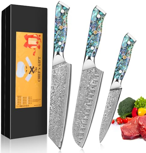 3 Pezzi Set di Coltelli da Cucina, Coltello Chef con 67 Strati di Acciaio Damascato VG-10 Lama da 12,4-19 cm, Coltello Santoku Kiritsuke Universale, Manico in Conchiglia di Abalone, Confezione Regalo
