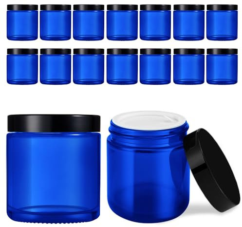 Tecohouse Lot de 16 bocaux en verre bleu avec couvercles noirs et doublures intérieures, 118 ml