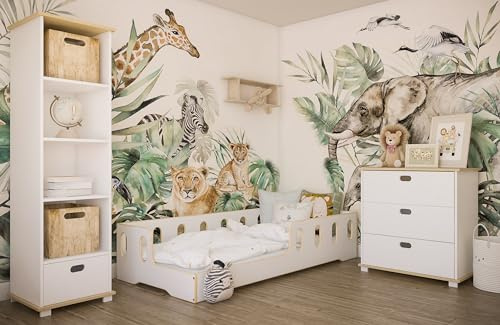 Kids Collective Kinderbett Bodenbett 90x200 cm weiß-Natur mit Rausfallschutz und Lattenrost, bodentief Bett Jugendbett Einzelbett 90x200 cm | von 4. bis 18. Lebensjahr