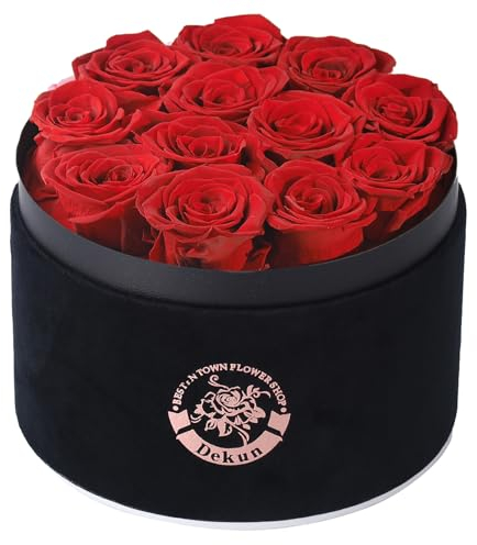 Dekun Rosen-Box Rund Ewige Rosenbox- 12 konservierte Rosen Rot in Box haltbar 1-3 Jahre - Geschenke für Mutter Freundin Ehefrau Oma; Geburtstag Valentinstag Ewige Blume (Black Box & Rot Rose)