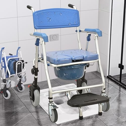VFDZ Chaise Percée Pliante 150kg, Chaise de Douche à roulettes pour Personne Âgée, Tabouret de Douche avec Accoudoirs et Repose-Pieds Pliable, Fauteuil Roulant Douche pour Handicapes