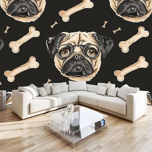 Wandgemälde Tapete Cartoon-Tiere Mops Und Knochen Fototapete Für Schlafzimmer Wohnzimmer Sofa Tv Hintergrund Wanddekoration Vliespapier, 250 x 175 Cm Wanddeko Wohnzimm