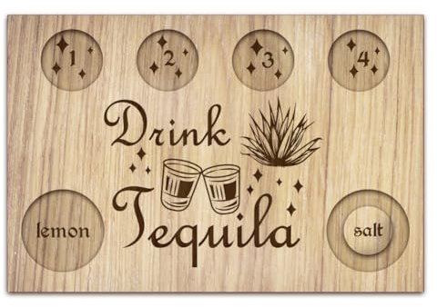 BENECREAT Drink Tequila Shot Glass, Wooden Shot Glass Tray, Rectangular Glass Holder with Lemon Salt Rim Glass Set for Restaurant, Bar, Party, Family Gathering, 20x30cm