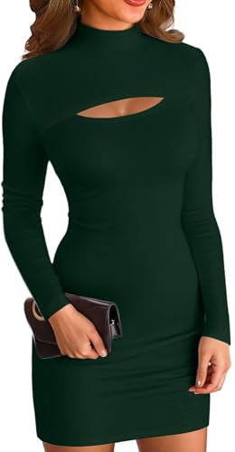 ELFIN Mini Robe Moulante côtelée à Manches Longues et col Montant pour Femme Couleur Unie Vert foncé, S