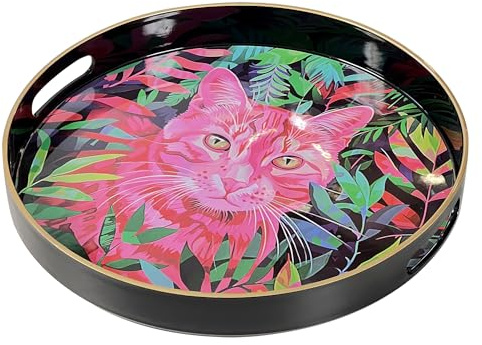 Simmer Stone Round Decorative Tray, Plastic with Handles, Modern Vanity and Serving for Ottoman, Coffee Table, Kitchen and Bathroom, Size 13 INCH (Pink Cat)