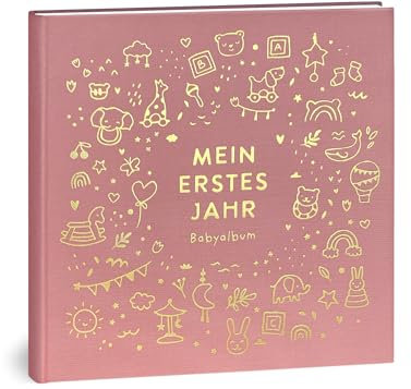 Mein erstes Jahr Babyalbum - Hochwertiges Leinenbuch mit Goldprägung für die schönsten Erinnerungen - Babybuch zum Eintragen für das erste Lebensjahr - Baby Geschenk zur Geburt (Spielzeug Rosé)