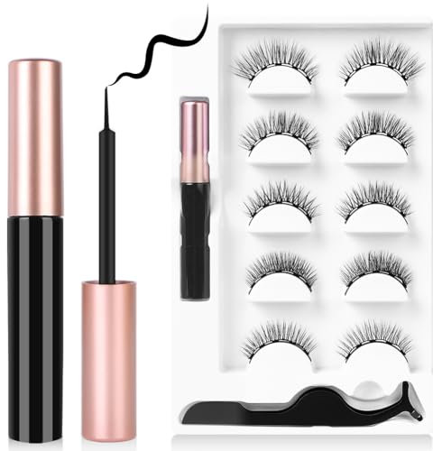 Ensemble de Cils Magnétiques avec Eye-Liner Magnétique Imperméable et Pince à Épiler, 5 Paires de Faux Cils 3D Réutilisables, Faux Cils Naturels Sans Colle, Faciles à Porter, Aspect Naturel et Durable