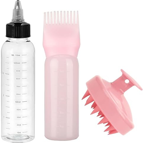 3Pcs Hair Oil Applicator Bottle, Hair Dying Bottle Brush, Portable Plastic Dye Oil Applying Applicator with Graduated Scale, Hairdressing Tools, Suitable for Salons and Home DIY (Pink)