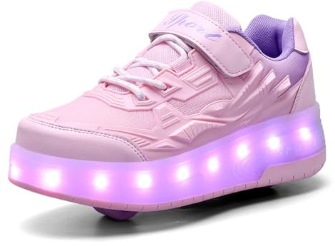 FANSU Jungen Mädchen Schuhe mit 2 Rollen Skate, Kinder Rollschuhe mit LED Blinkend, Rollen Abnehmbar, Outdoor Skateboardschuhe Einziehbar KomfortSportschuhe 28-41 EU