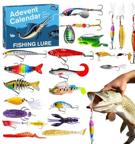 Angel Adventskalender 2025 Männer, Angellieber Weihnachtskalender 24 Angeln Köder Set, 24 Tage Weihnachtskalender Angler Geschenk für Männer, Erwachsene, Teenager