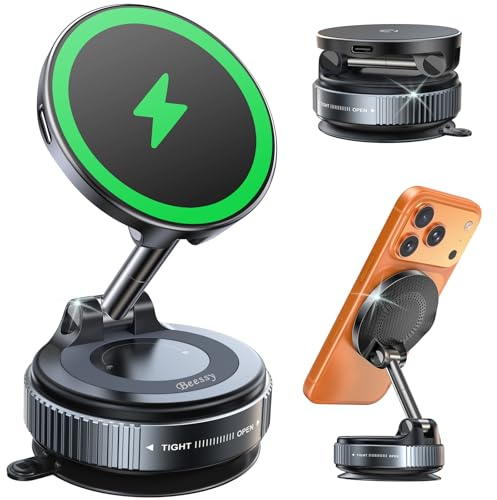 Beeasy for 15W Magsafe Car Mount Charger Vacuum Suction Phone Holder | [Super Vacuum Suction Cup] 15W Magnetic Charger 360° Adjustable Wireless Car Charger for iPhone 17-12 Series, Samsung