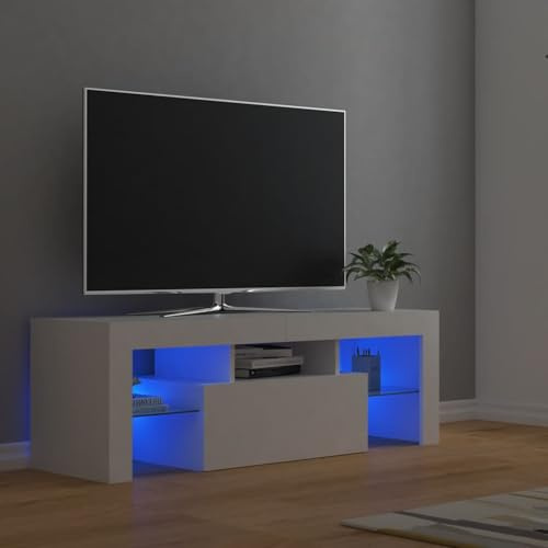 SKTQYQO Mobile TV con Luci LED RGB, Supporto per Televisione Bianco in Legno Multistrato 120x35x40 cm, Mobiletto HiFi con Ampio Spazio per Lettore DVD Console Gaming,