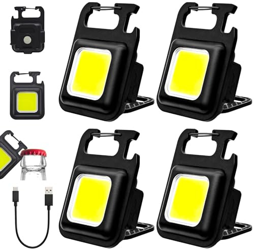 TaimeiMao Mini LED Taschenlampe, 4 Stück COB Schlüsselanhänger Taschenlampe | 3 Lichtmodi 500 Lumen Wiederaufladbare Inspektionsleuchten, mit Flaschenöffner, Magnet und Clip, für Camping, Wandern