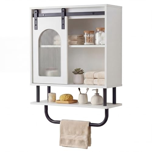 LIFEZEAL Armadio a Parete per Bagno, Armadio con Porta Asciugamani e Scomparto Aperto, Mobile Sospeso per Bagno, Cucina, Soggiorno, 50 x 20 x 70 cm (Bianco)