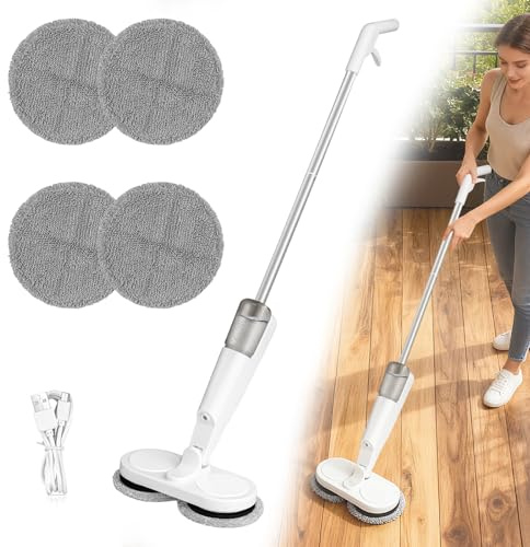 Electric Mop, Dual-Motor Cordless Hard Floor Cleaner with 200ml Detachable Water Tank & 4 Pads, Quiet Rechargeable Floor Polisher Scrubber for Tile, Hardwood, White