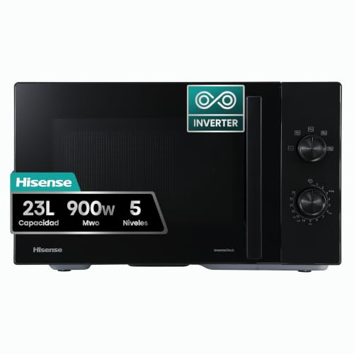 Hisense Microondas Inverter de 23L, 900W de potencia, 5 niveles de potencia, Revestimiento cerámico, Cristal ahumado premium, Cocción uniforme, Fácil de limpiar, Control manual, Negro.