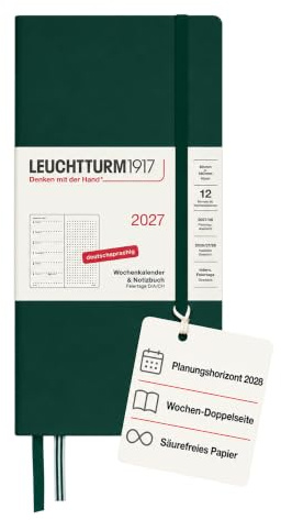 LEUCHTTURM1917 Wochenkalender 2027 Dotted Wallet (B6+ x A6) mit Notizbuch - Terminplaner Deutsch, Forest Green, Januar-Dezember 2027, Wochenübersicht links + Notizseite rechts