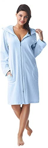 DOROTA kuscheliger und moderner Damen Baumwoll-Bademantel mit Taschen, Reißverschluss & Kapuze, made in EU, hellblau, Gr. XL