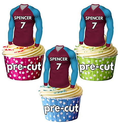 AK Giftshop PRECUT Personalised Edible Football Shirts With Your Chosen NAME & NUMBER - Cupcake Toppers/Cake Decorations Claret and Blue Shirt (Pack of 12)
