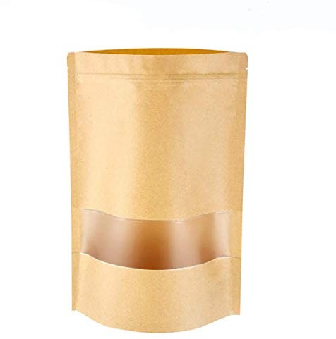YOFADCI 50 Stück Kraftpapier Tasche Stand Up Zip Lock für Lebensmittel, braun, Beutel aus Papier, mit transparentem Fenster, zur Aufbewahrung von Lebensmitteln, wiederverwendbar, für Brot, Nüsse,