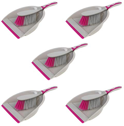 Kleeneze COMBO-5124 Deluxe Space Saving Dustpans & Brushes, Set of 5, Grey/Pink