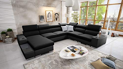 All4All Ecksofa mit Schlaffunktion Piano 358x282 cm – Schlafsofa mit Bettkasten – Wohnlandschaft XXL – Sofa U-Form – Gewebe mit Kunstleder - Groß - Big Sofa - Linke Seite - Schwarz/Schwarz 26