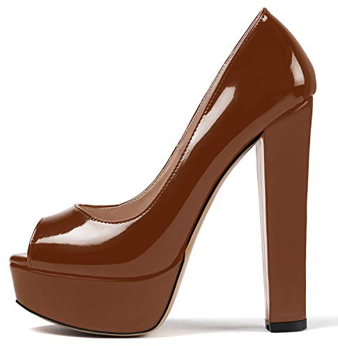 Soireelady Frauen Pumps Hoher Absatz Peeptoe Plateau High Heels mit Blockabsatz Lack Braun Braun EU43