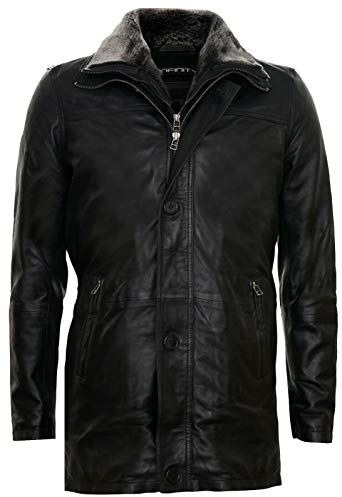 Men's Black Leather Classic Removable Fleece Collar Mid Length Warm Overcoat Jacket