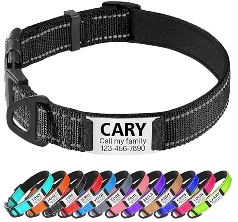 TagME Hundehalsband personalisiert, Reflektierendes gepolstertes Nylon Hundehalsband für Welpen mit Namen und Telefonnummer