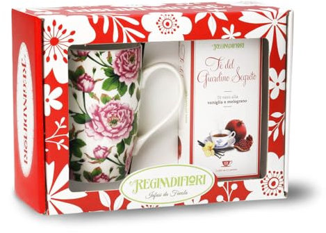 Regina di Fiori - Vetrina Mug Poppies. Idea Regalo. Tazza in Porcellana Decorata e Tè del Giardino Segreto in Astuccio da 15 Filtri