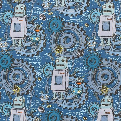 Jersey Stoff Happy Metal, Roboter und Zahnräder (Länge am Stück: ab 50cm / Breite: 160cm)