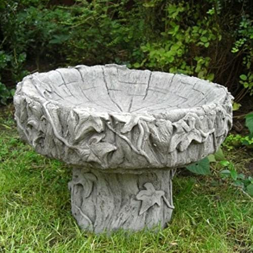 DGS STATUES – Stone Cast, Birdbath/Feeder, Vine Leaf Detailed Log Design, Hand Finished, Statue, Sculpture