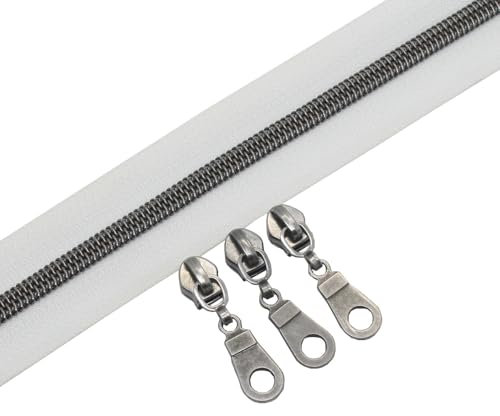 YaHoGa 9 m argento antico, chiusura lampo senza fine al metro, chiusura lampo bianca a spirale da 6 mm + 25 chiusure a zip (argento antico bianco)
