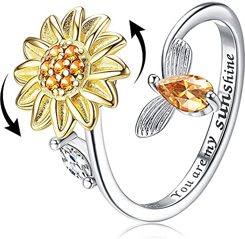 Milacolato S925 Sterling Silber Ringe Fidget Ringe für Damen Verstellbarer Offener Ring Zirkonia Sonnenblume Du bist Mein Sonnenschein Spinner Ringe für Damen
