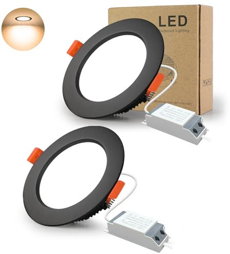 BAGZY LED Einbaustrahler Schwarz Spots Ultra flach 7W 230V IP44, 700 Lumen 2er Set Warmweiß 3000K Ausschnitt 80-90mm,CRI 80,Einbauleuchten Decken Spot,für Schlafzimmer Badezimmer Wohnzimmer