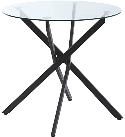 HOMCOM Mesa de Comedor Redonda con Encimera de Cristal Templado Transparente y Patas Cruzadas de Metal Mesa de Centro Moderna para Salón Ø80x75 cm Negro