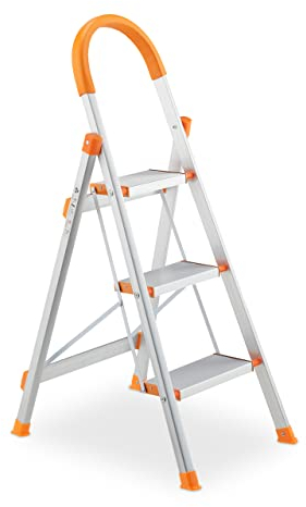 Relaxdays Scaletta in Alluminio, Scala Pieghevole con 3 Gradini, Step Ladder, Carico Fino a 150 kg, Argentato Arancione