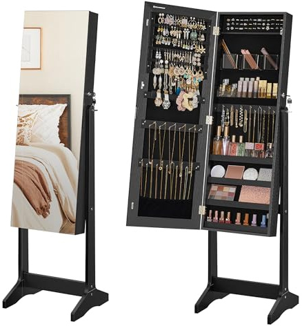 SONGMICS Jewelry Cabinet Armoire, Freestanding Lockable Storage Organizer Unit with 2 Plastic Cosmetic Storage, Full-Length Frameless Mirror, for Necklace Earring, Black UJJC002B01