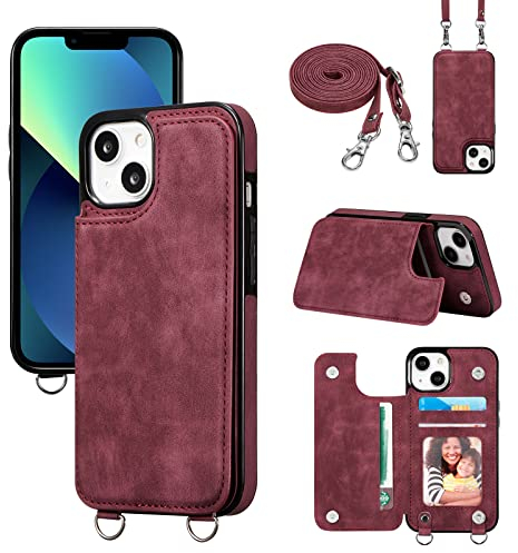 ZTOFERA Handyhülle mit Band Kette für iPhone 13, Matt Weiche Rückseite Hülle mit Kartenfach Kordel Schnur Umhängeband, Premium PU Leder + TPU Schutzhülle Lanyard Case, Weinrot