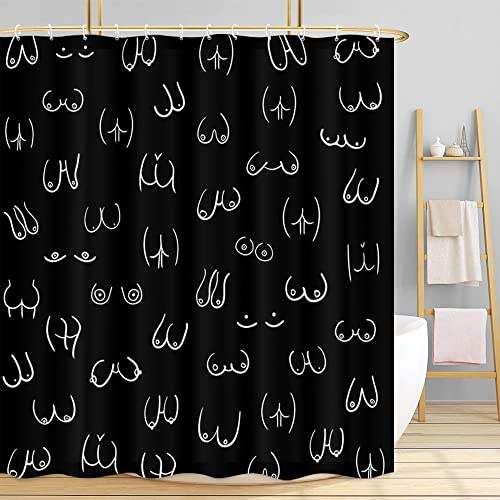 Lustiger Duschvorhang für das Badezimmer, schwarz-weiß, Mädchen, Frau, Nackte Brustbrüste, Stoff-Duschvorhänge-Set, Boho, minimalistischer Spaß, Hintern, lustig, WC-Dekor, Zubehör mit Haken, 183 x 183